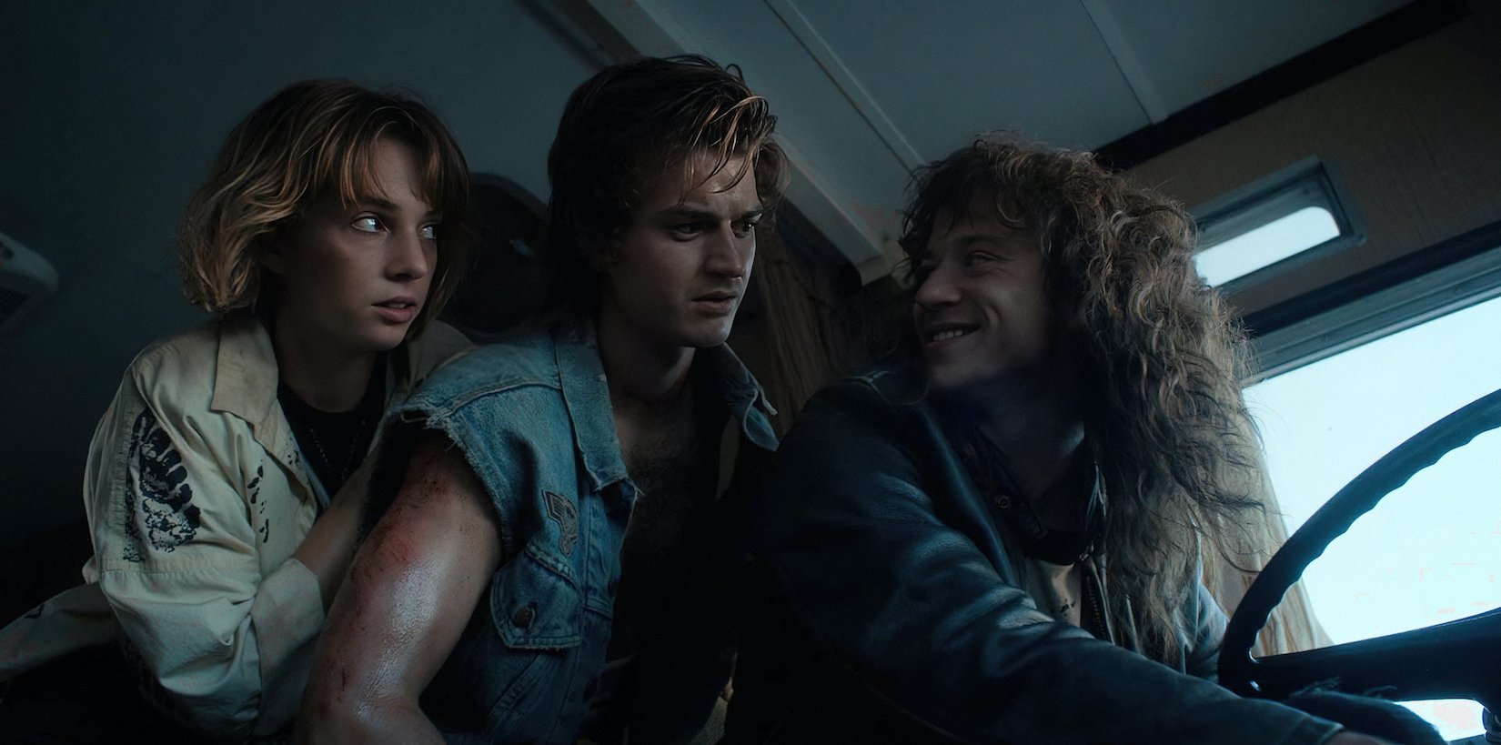 Robin (Maya Hawke), Steve (Joe Keery), and Eddie (Joseph Quinn) in 'Stranger Things 4' Volume 2