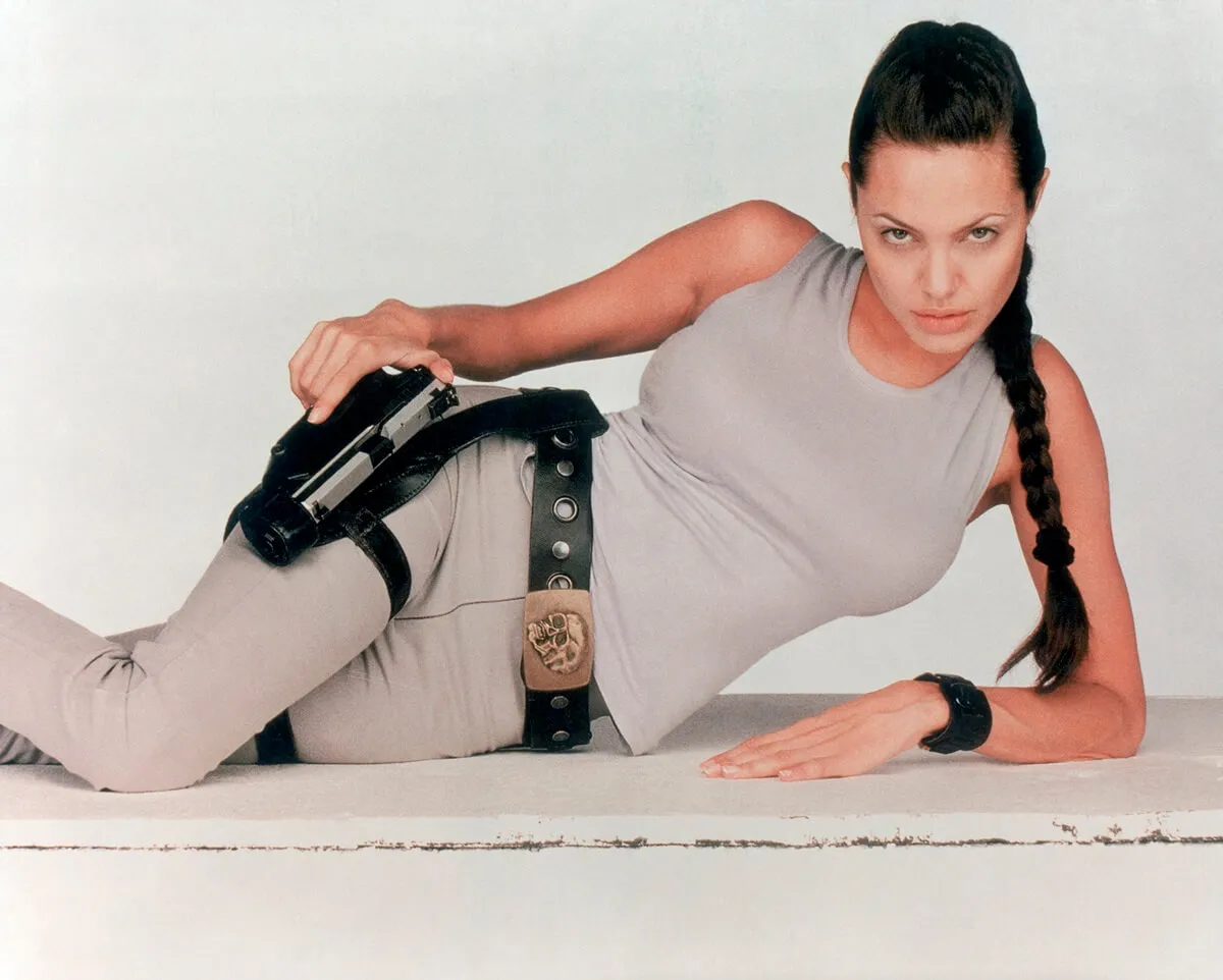 Angelina Jolie posing as her 'Tomb Raider' character Lara Croft.