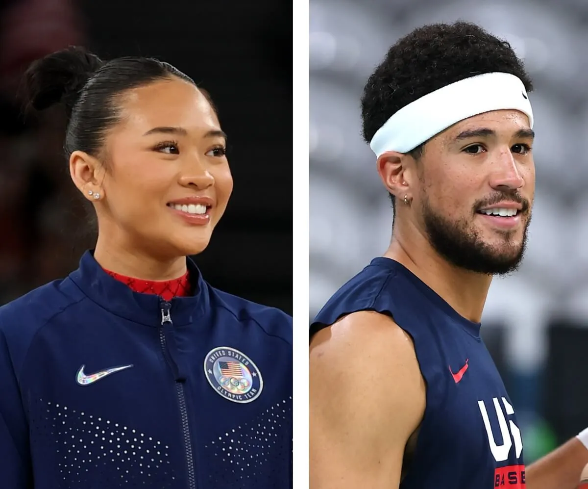 (L): Suni Lee smiling during medal ceremony, (R): Devin Booker looks on during basketball training prior to Paris Olympics