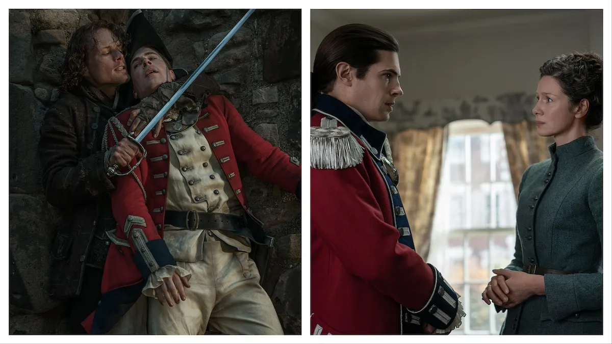 Jamie holds a sword to Lord John Grey's throat, next to a photo of Lord John Grey speaking to Claire