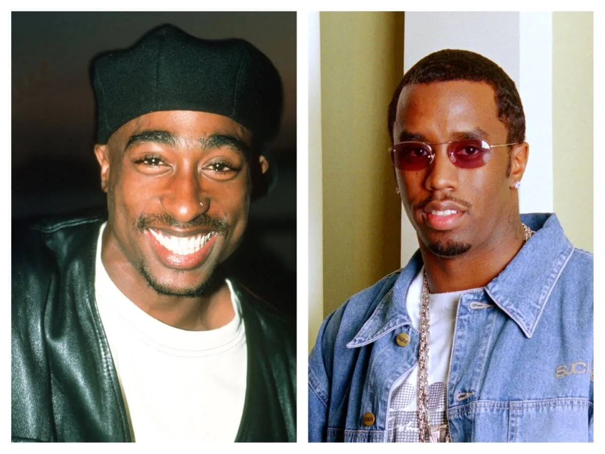 Tupac Shakur wears a hat and black leather jacket. He smiles. Sean 'Diddy' Combs wears sunglasses and a denim jacket.