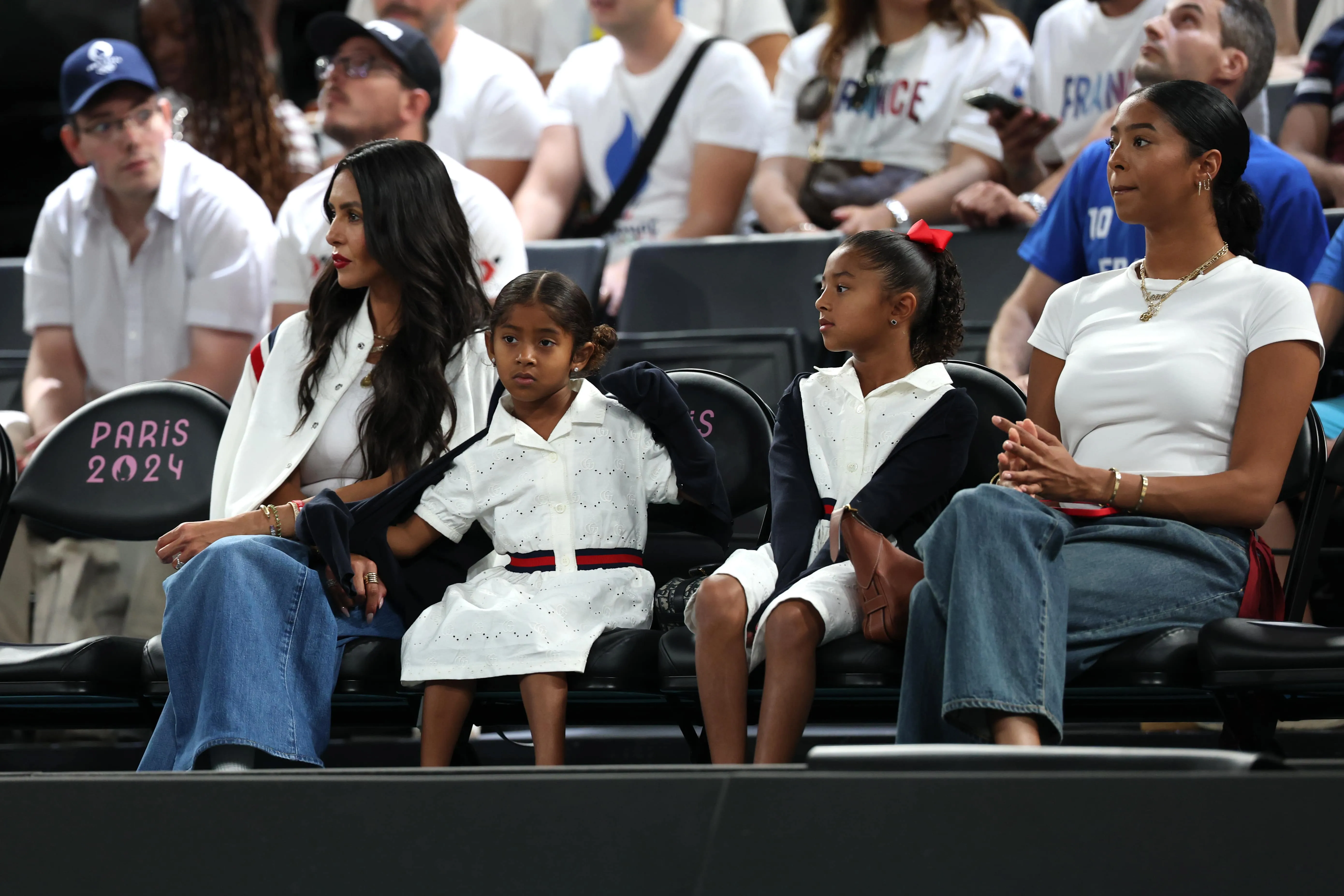 Wearing red white and blue, Vanessa Bryant and Natalia Diamante Bryant attend the women's football Gold Medal match between Brazil and USA during the Olympic Games Paris 2024