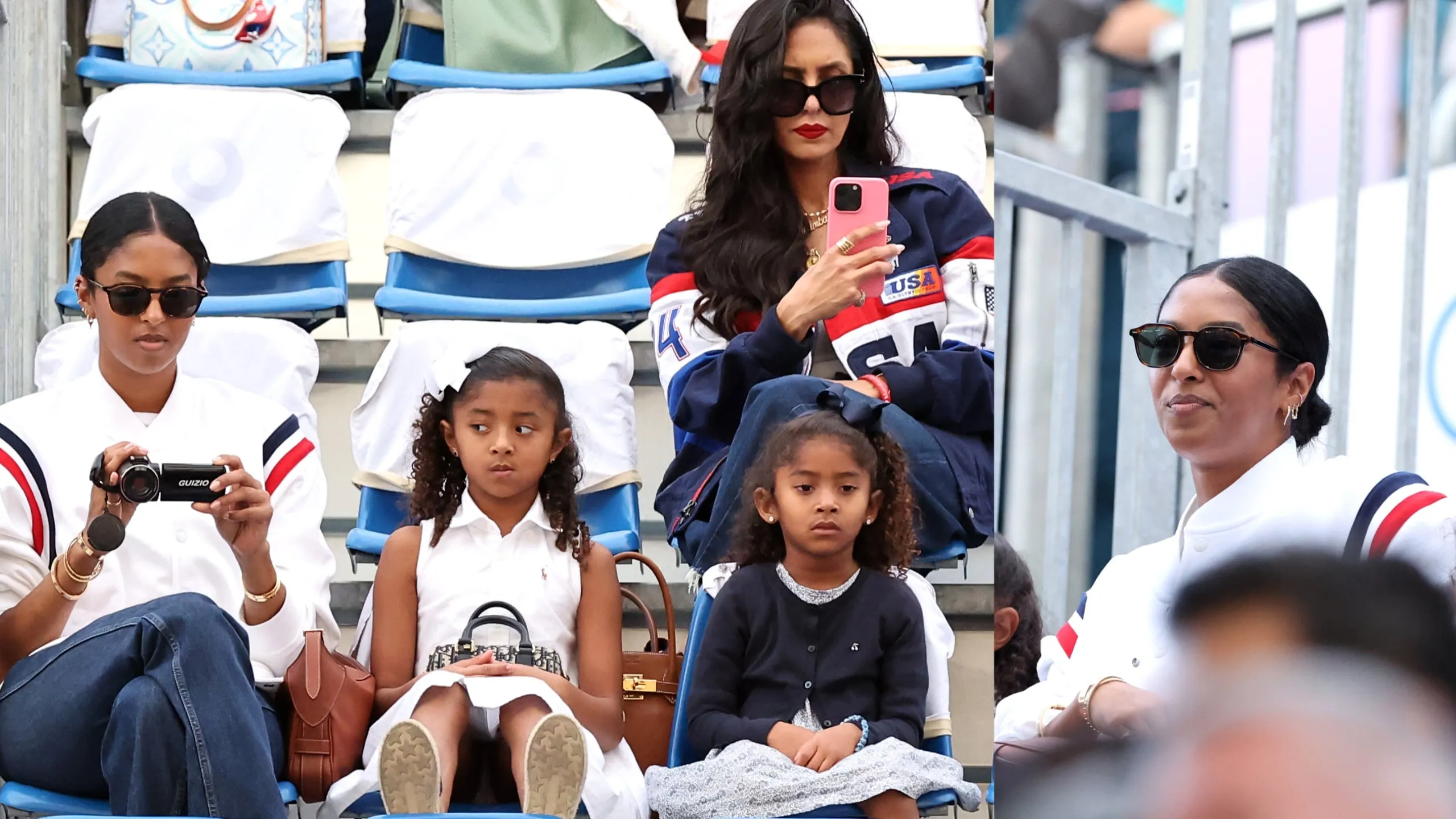 Vanessa Bryant, Natalia Bryant, Bianka Bryant, and Capri Bryant take pictures from their seats at the Breaking competition on day fourteen of the Olympic Games