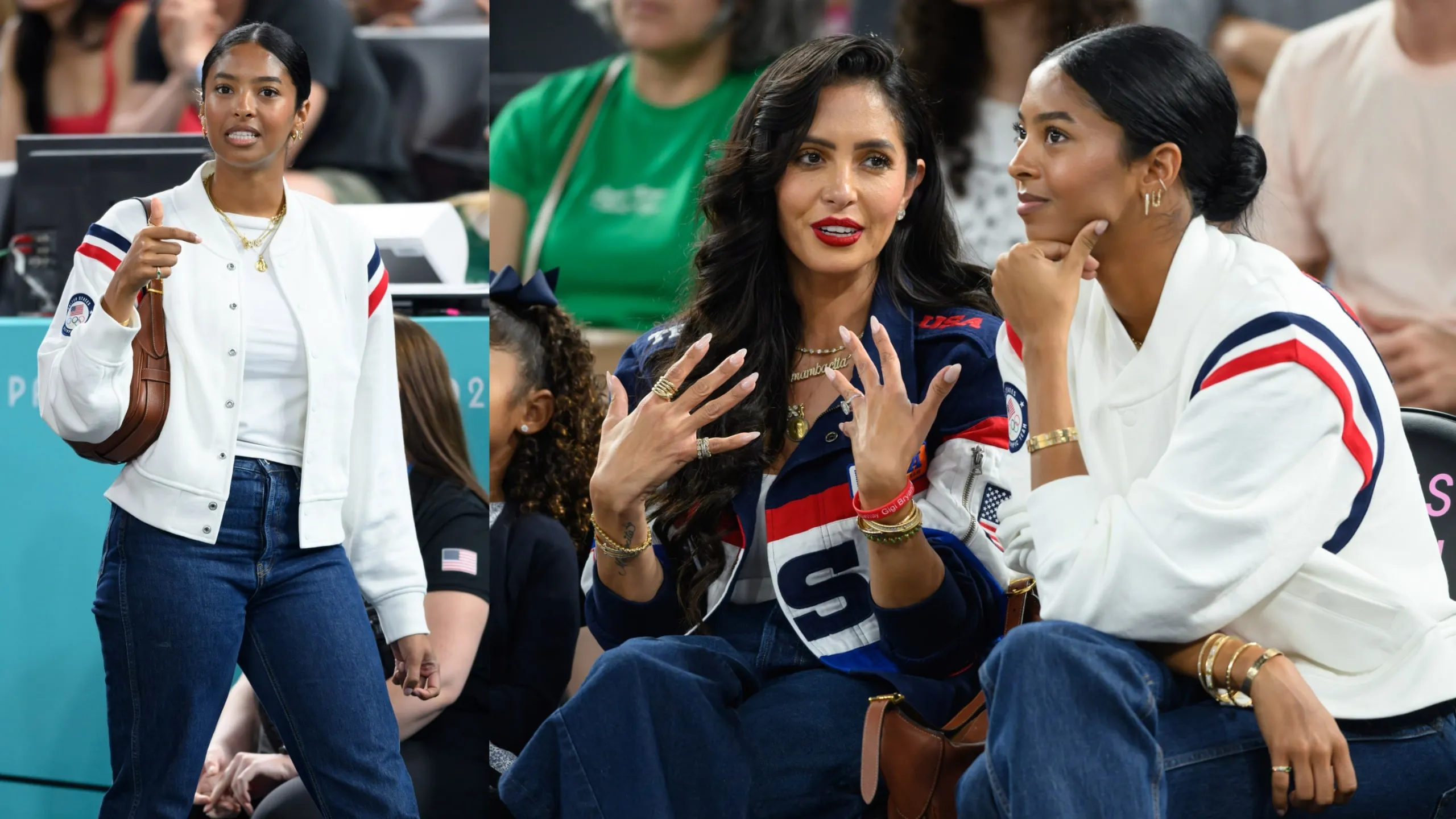 Mother Natalia Bryant and daughter Vanessa Bryant talk during the women's basketball semi-final match between Team USA and Team Australia