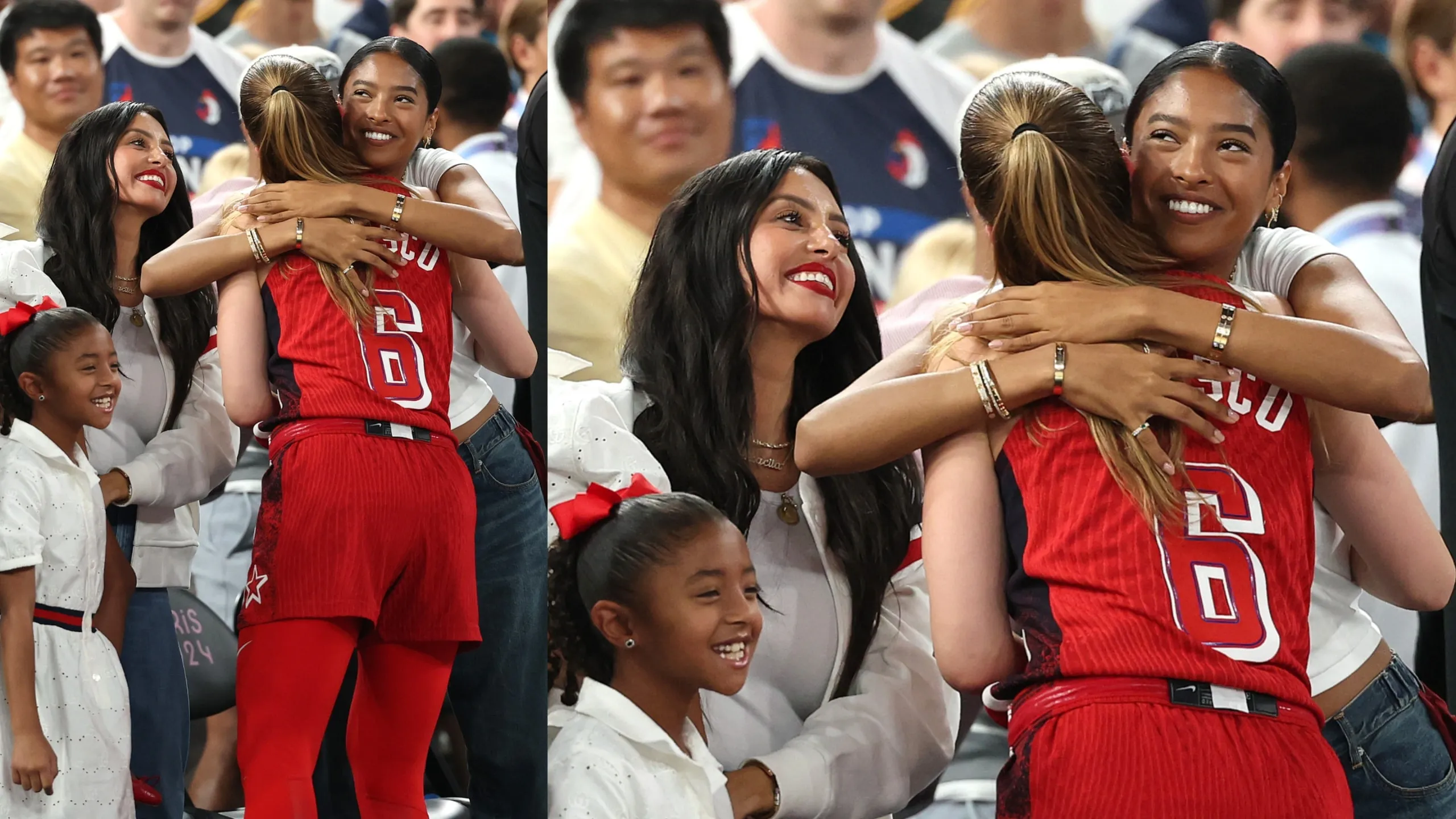 Kobe Bryant's daughter Natalia Bryant hugs Sabrina Ionescu of Team United States after Team United States' victory against Team France