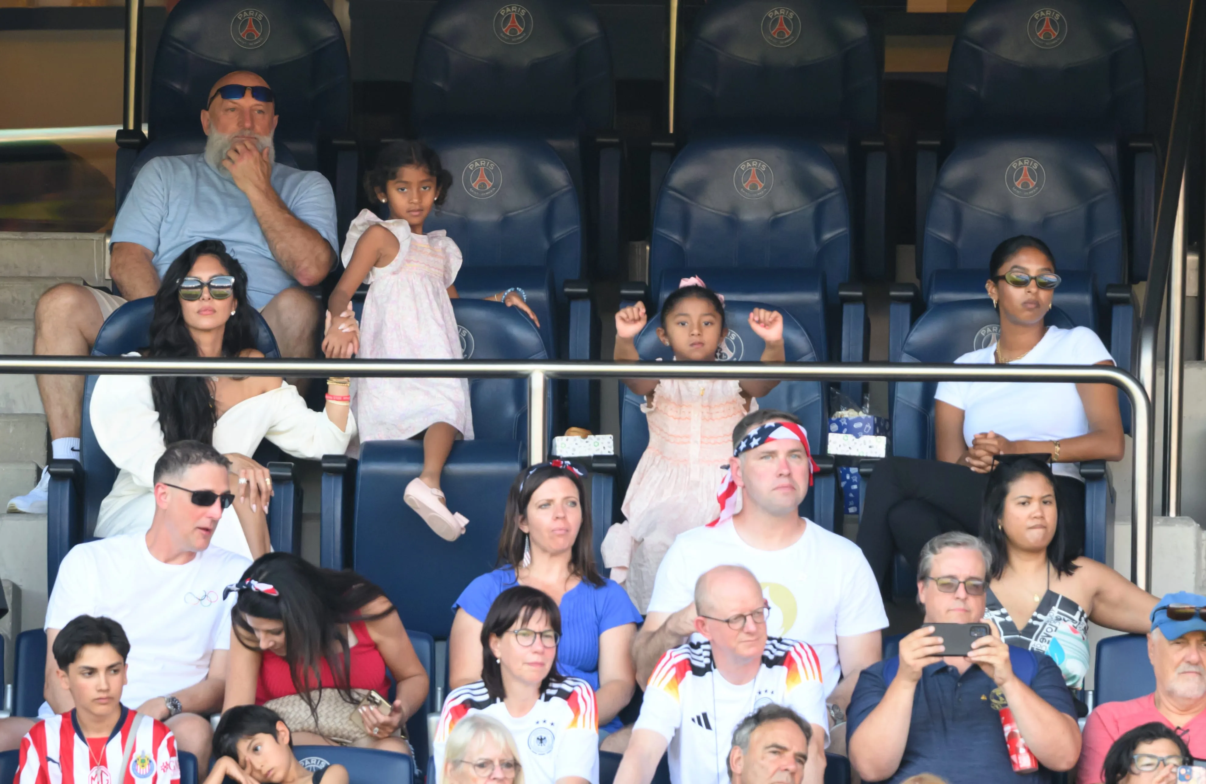 Wearing red white and blue, Vanessa Bryant and Natalia Diamante Bryant attend the women's football Gold Medal match between Brazil and USA during the Olympic Games Paris 2024