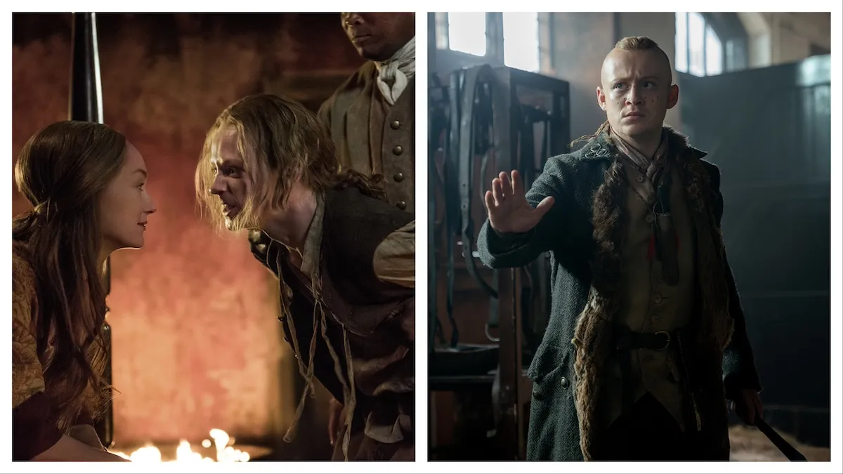 Side by side photos of Geillis confronting young Ian and Young Ian holding up his hand